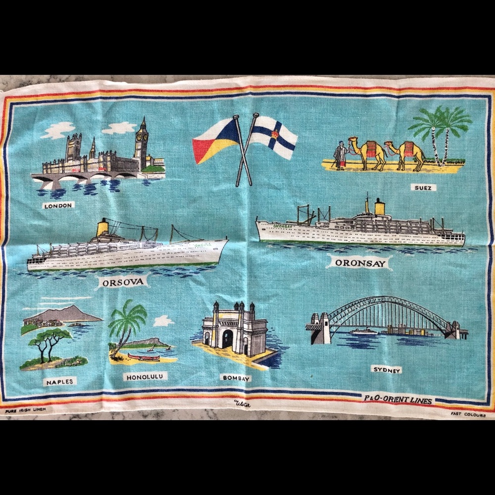 Vintage ULSTER Pacific Orient Ship Boat Ocean Liner Travel 60s Irish Linen Towel